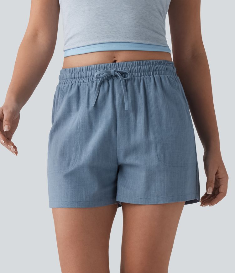 Mid Rise Drawstring Casual Linen Shorts with Pockets