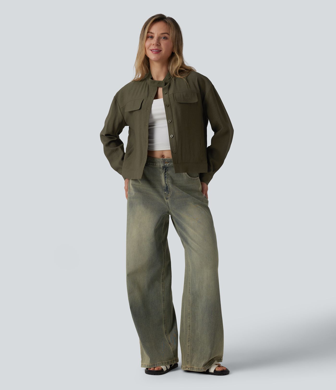 Stand Collar Long Sleeve Casual Cargo Jacket with Pockets