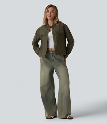 Stand Collar Long Sleeve Casual Cargo Jacket with Pockets