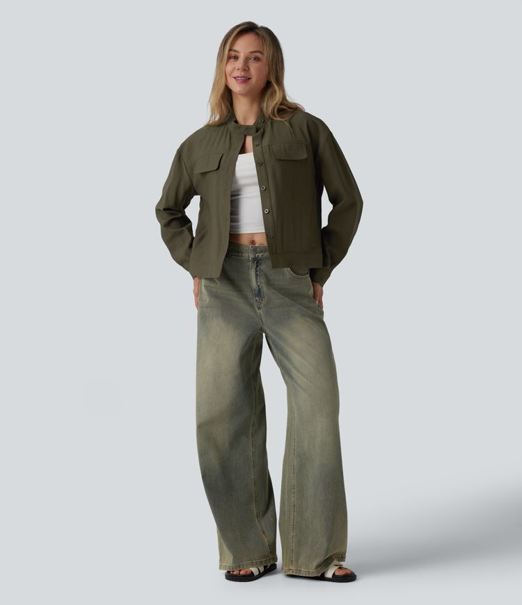 Stand Collar Long Sleeve Casual Cargo Jacket with Pockets