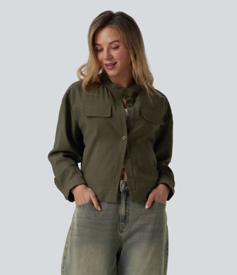 Stand Collar Long Sleeve Casual Cargo Jacket with Pockets