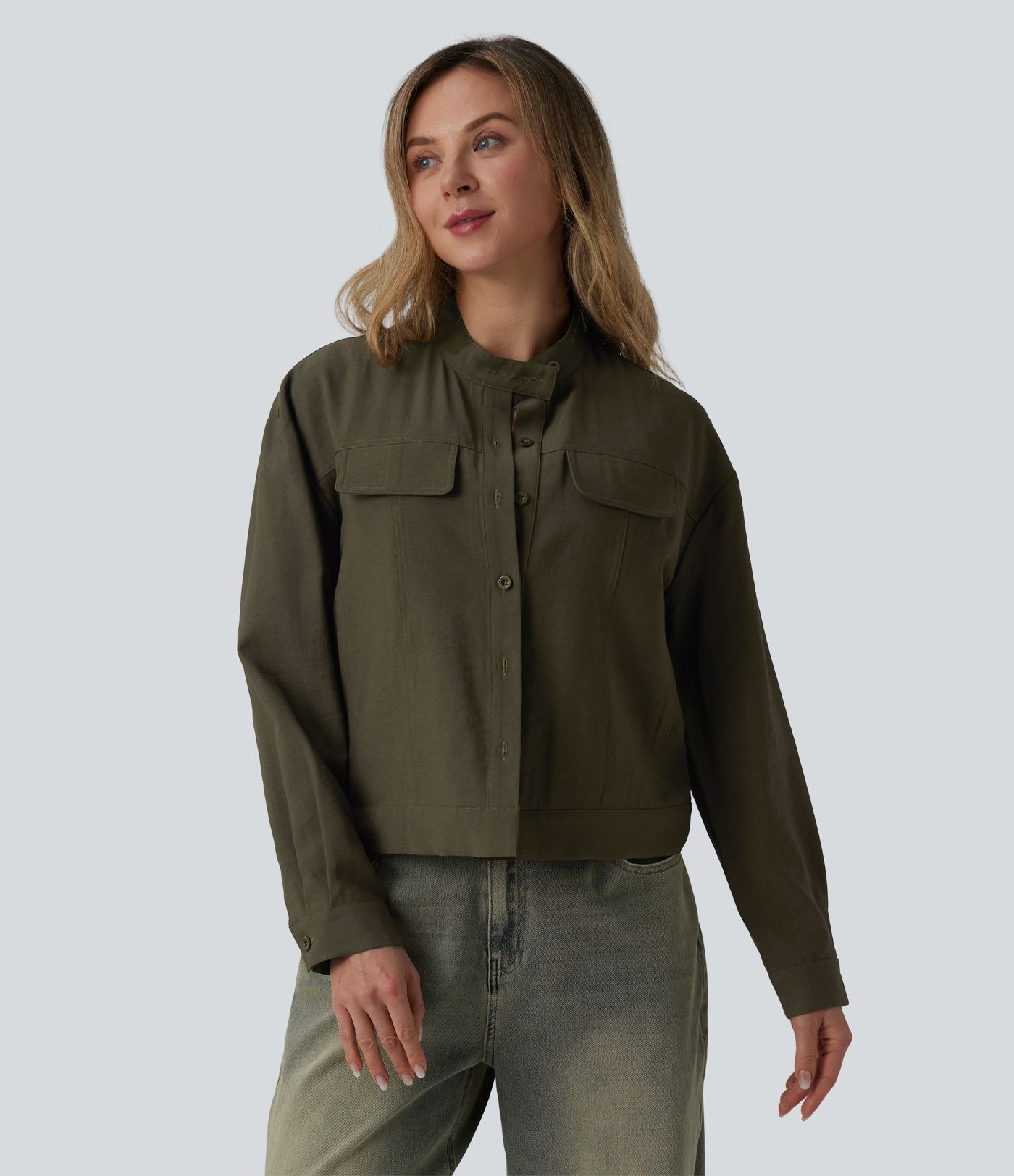 Stand Collar Long Sleeve Casual Cargo Jacket with Pockets