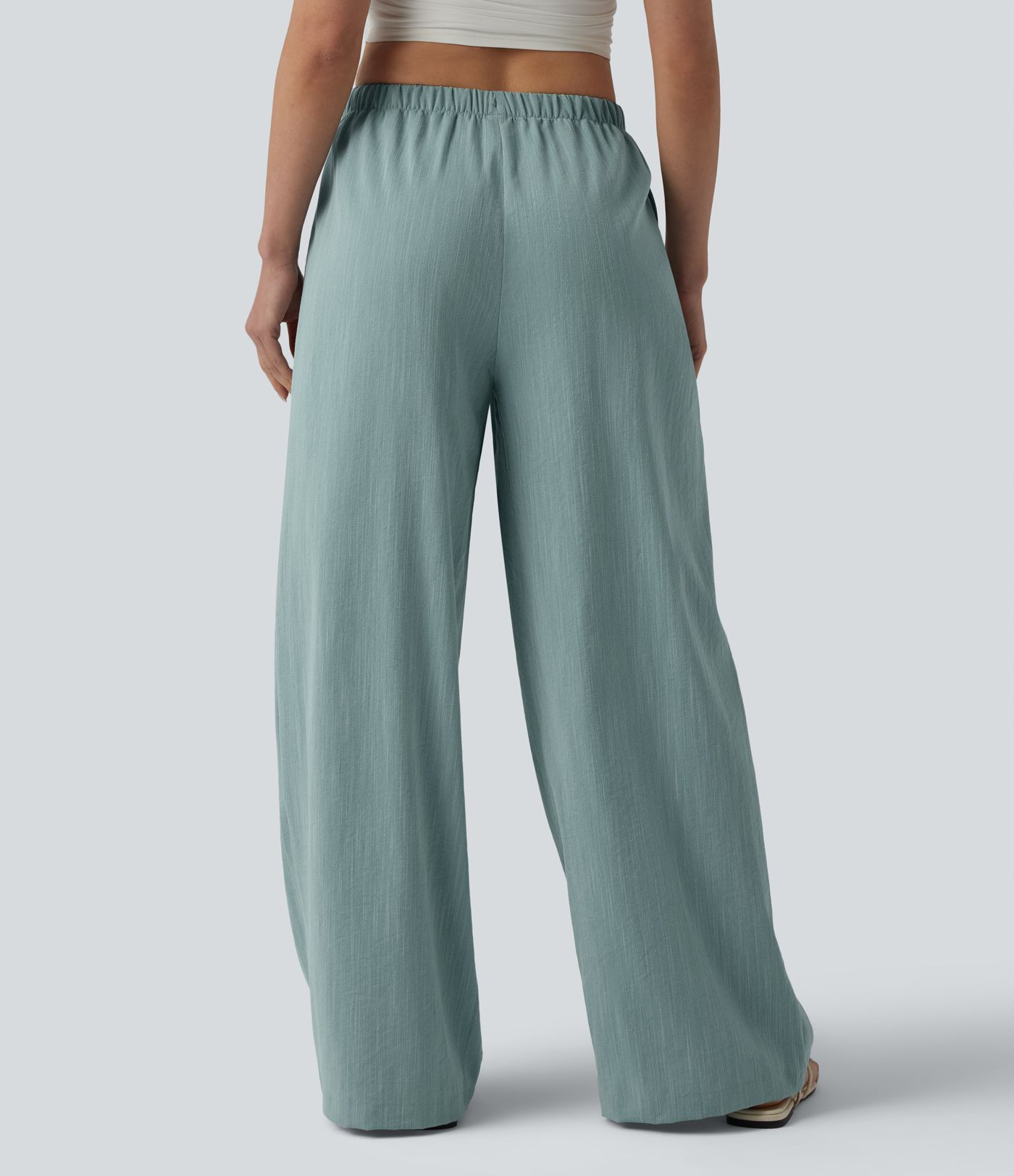 Mid Rise Drawstring Wide Leg Casual Linen-Feel Pants with Pockets