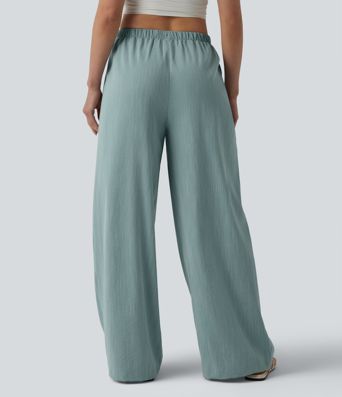 Mid Rise Drawstring Wide Leg Casual Linen-Feel Pants with Pockets