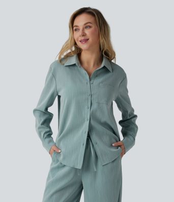 Long Sleeve Linen-Feel Shirt with Pocket
