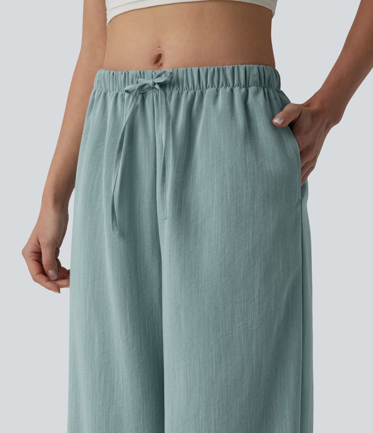 Mid Rise Drawstring Wide Leg Casual Linen-Feel Pants with Pockets