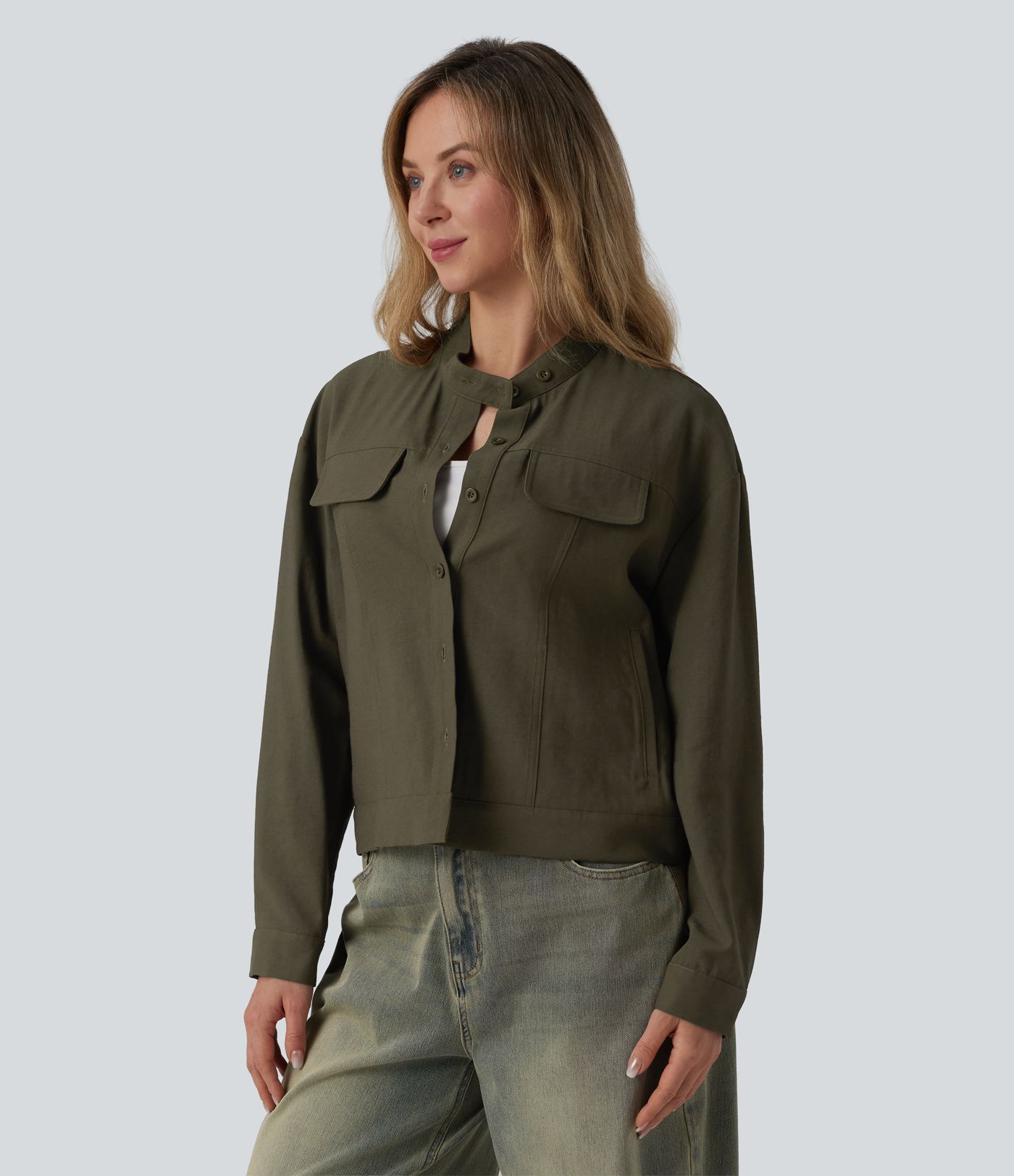 Stand Collar Long Sleeve Casual Cargo Jacket with Pockets