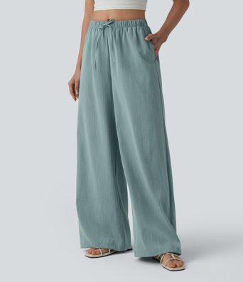 Mid Rise Drawstring Wide Leg Casual Linen-Feel Pants with Pockets