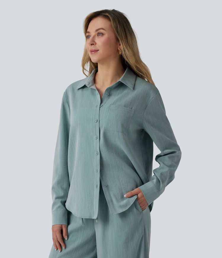 Long Sleeve Linen-Feel Shirt with Pocket