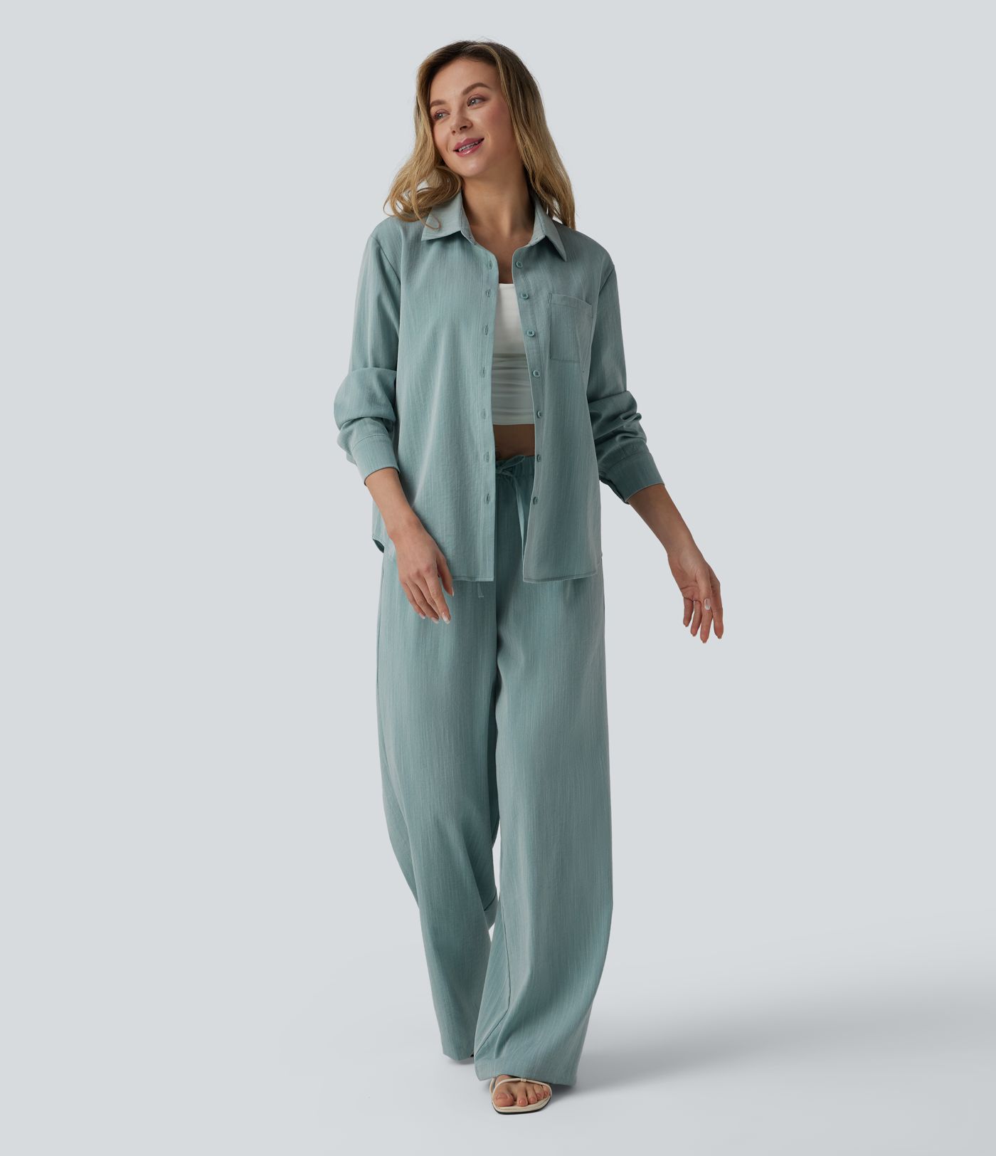 Long Sleeve Linen-Feel Shirt with Pocket