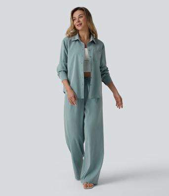 Long Sleeve Linen-Feel Shirt with Pocket