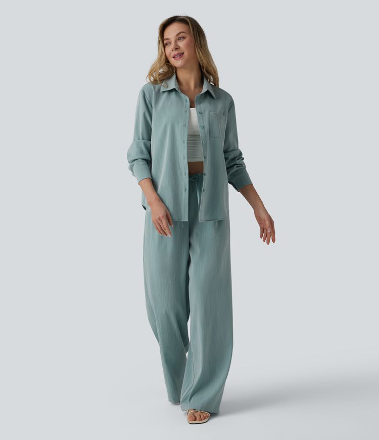 Long Sleeve Linen-Feel Shirt with Pocket