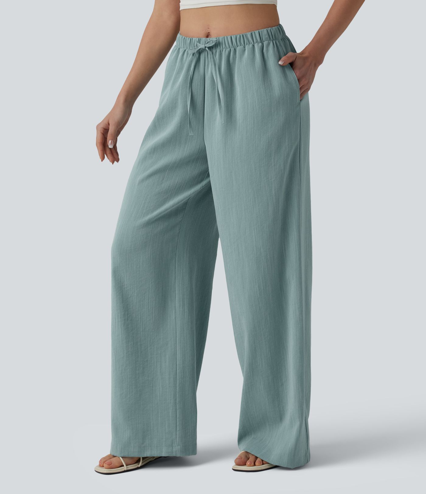 Mid Rise Drawstring Wide Leg Casual Linen-Feel Pants with Pockets