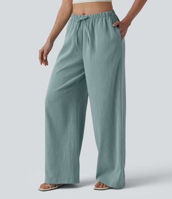 Mid Rise Drawstring Wide Leg Casual Linen-Feel Pants with Pockets