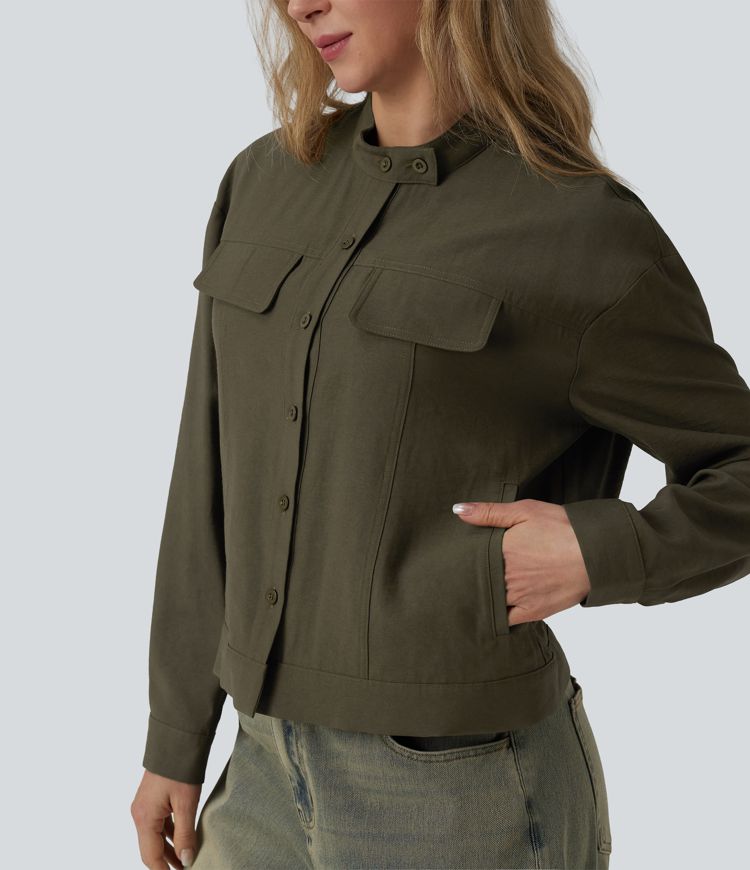 Stand Collar Long Sleeve Casual Cargo Jacket with Pockets