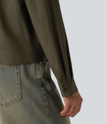 Stand Collar Long Sleeve Casual Cargo Jacket with Pockets