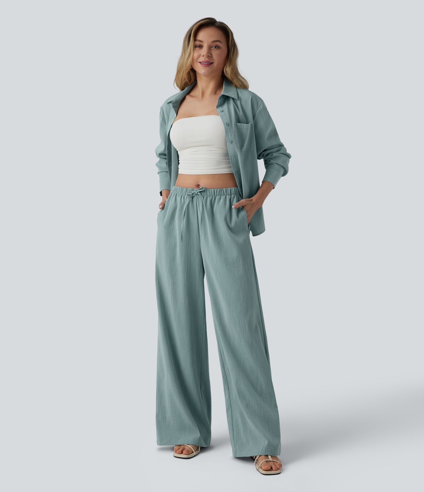 Mid Rise Drawstring Wide Leg Casual Linen-Feel Pants with Pockets