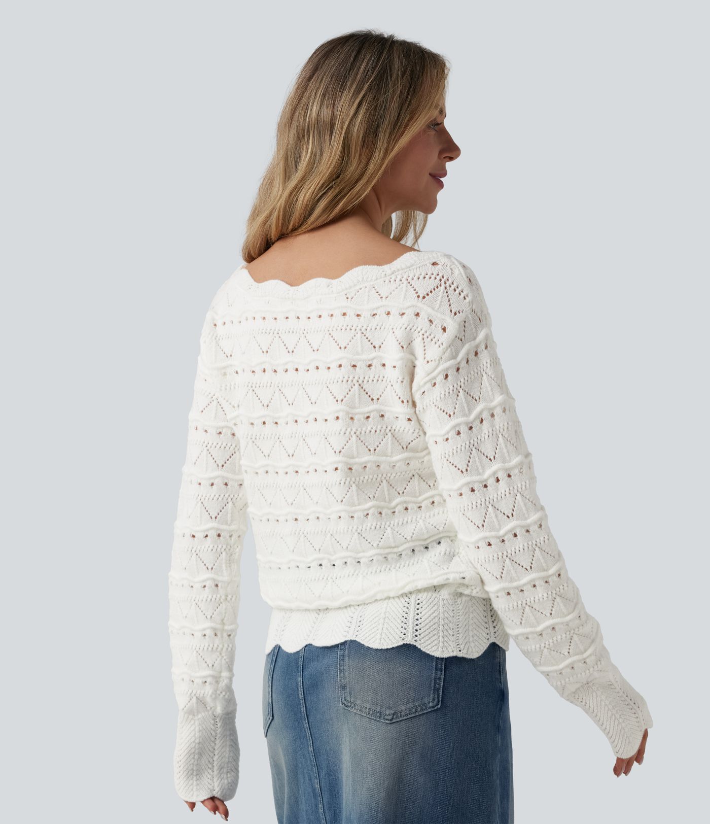 Boat Neck Long Sleeve Open Knit Casual Jumper