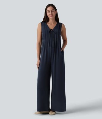 Deep V-neck Tie-front Pleated Sleeveless Invisible Zipper Casual Baggy Jumpsuit with Pockets