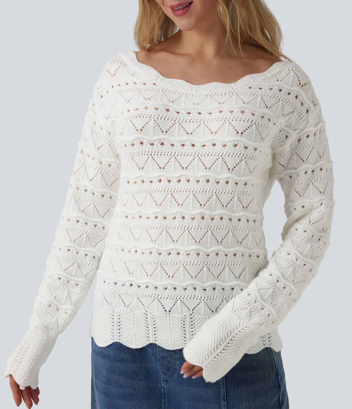 Boat Neck Long Sleeve Open Knit Casual Jumper