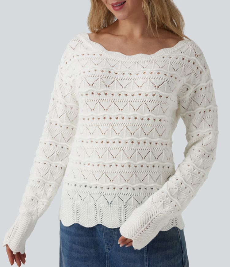 Boat Neck Long Sleeve Open Knit Casual Jumper