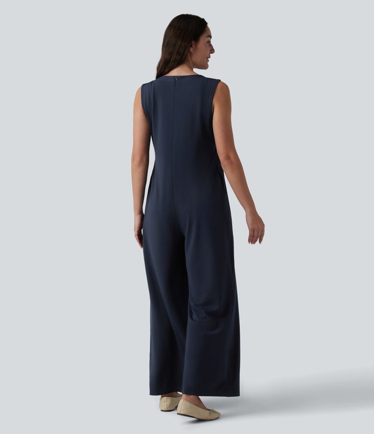 Deep V-neck Tie-front Pleated Sleeveless Invisible Zipper Casual Baggy Jumpsuit with Pockets