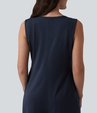 Deep V-neck Tie-front Pleated Sleeveless Invisible Zipper Casual Baggy Jumpsuit with Pockets