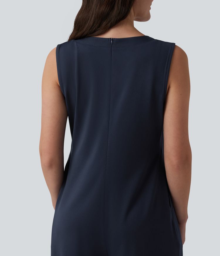 Deep V-neck Tie-front Pleated Sleeveless Invisible Zipper Casual Baggy Jumpsuit with Pockets
