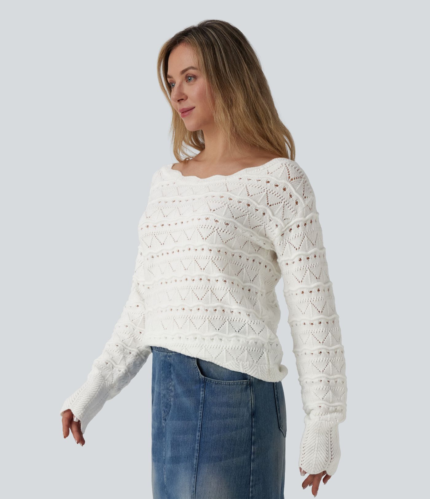 Boat Neck Long Sleeve Open Knit Casual Jumper