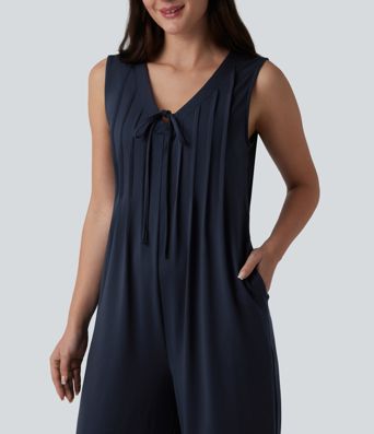 Deep V-neck Tie-front Pleated Sleeveless Invisible Zipper Casual Baggy Jumpsuit with Pockets