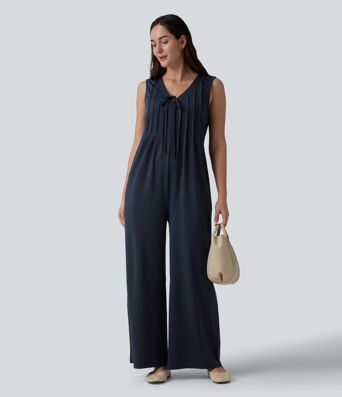 Deep V-neck Tie-front Pleated Sleeveless Invisible Zipper Casual Baggy Jumpsuit with Pockets
