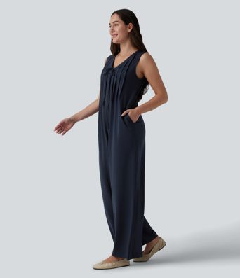 Deep V-neck Tie-front Pleated Sleeveless Invisible Zipper Casual Baggy Jumpsuit with Pockets