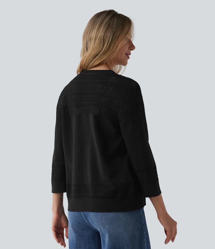 V-neck Button Fly Crochet Work Cardigan