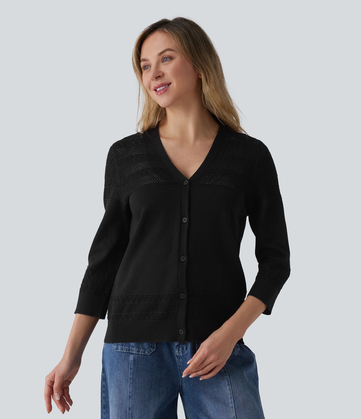 V-neck Button Fly Crochet Work Cardigan