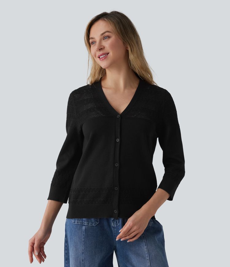 V-neck Button Fly Crochet Work Cardigan