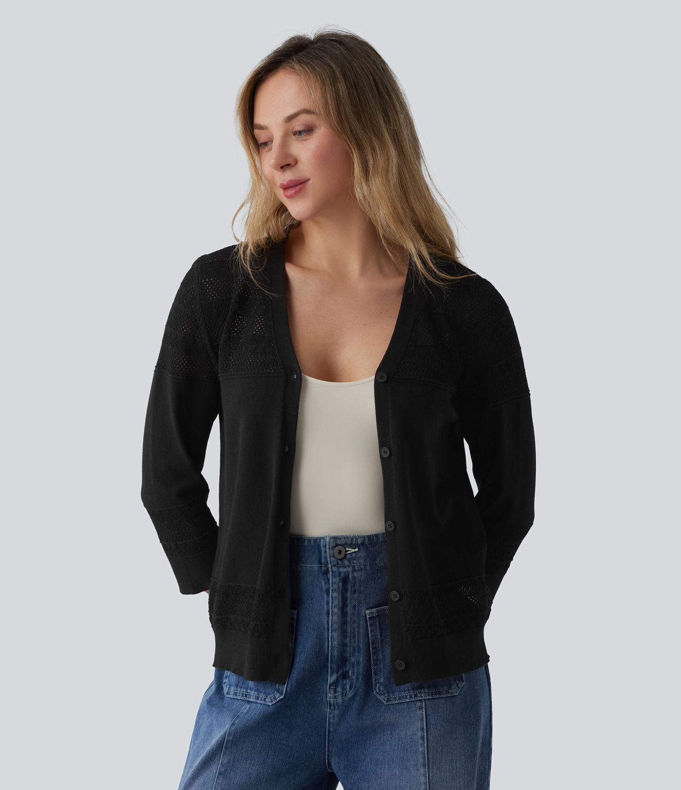 V-neck Button Fly Crochet Work Cardigan