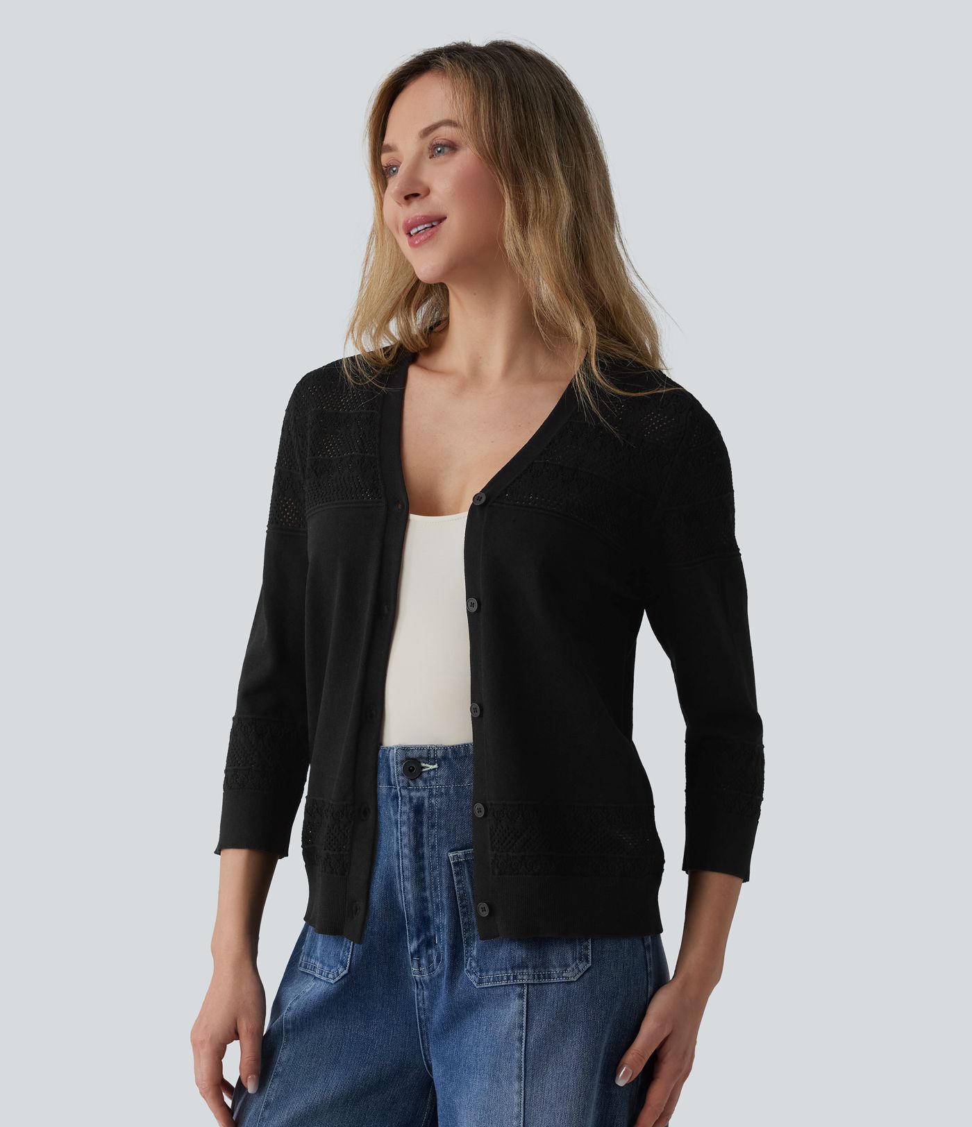 V-neck Button Fly Crochet Work Cardigan