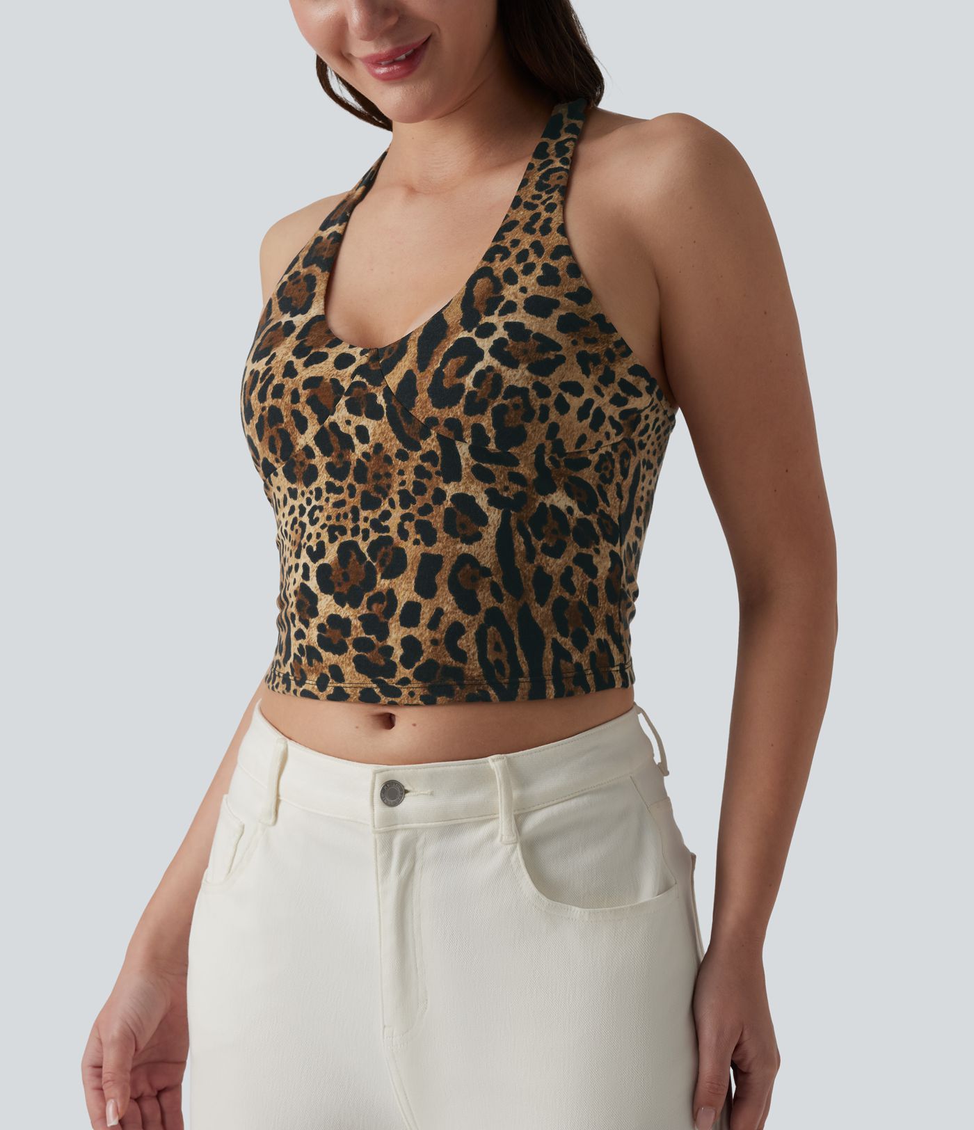 Deep V-neck Racerback Leopard Print Casual Tank Top