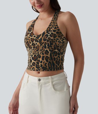 Deep V-neck Racerback Leopard Print Casual Tank Top