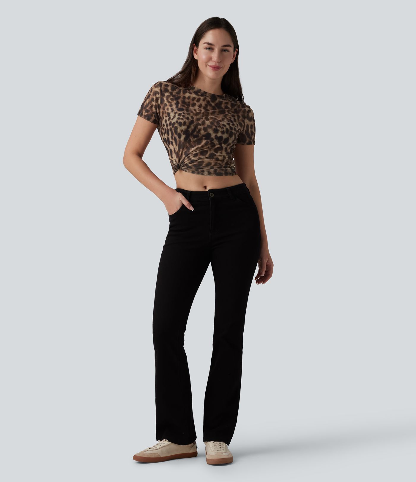 Round Neck Short Sleeve Leopard Print Casual T-Shirt