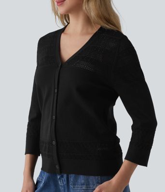 V-neck Button Fly Crochet Work Cardigan