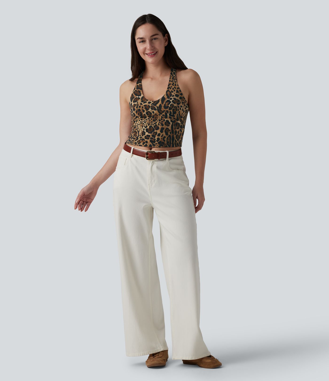 Deep V-neck Racerback Leopard Print Casual Tank Top