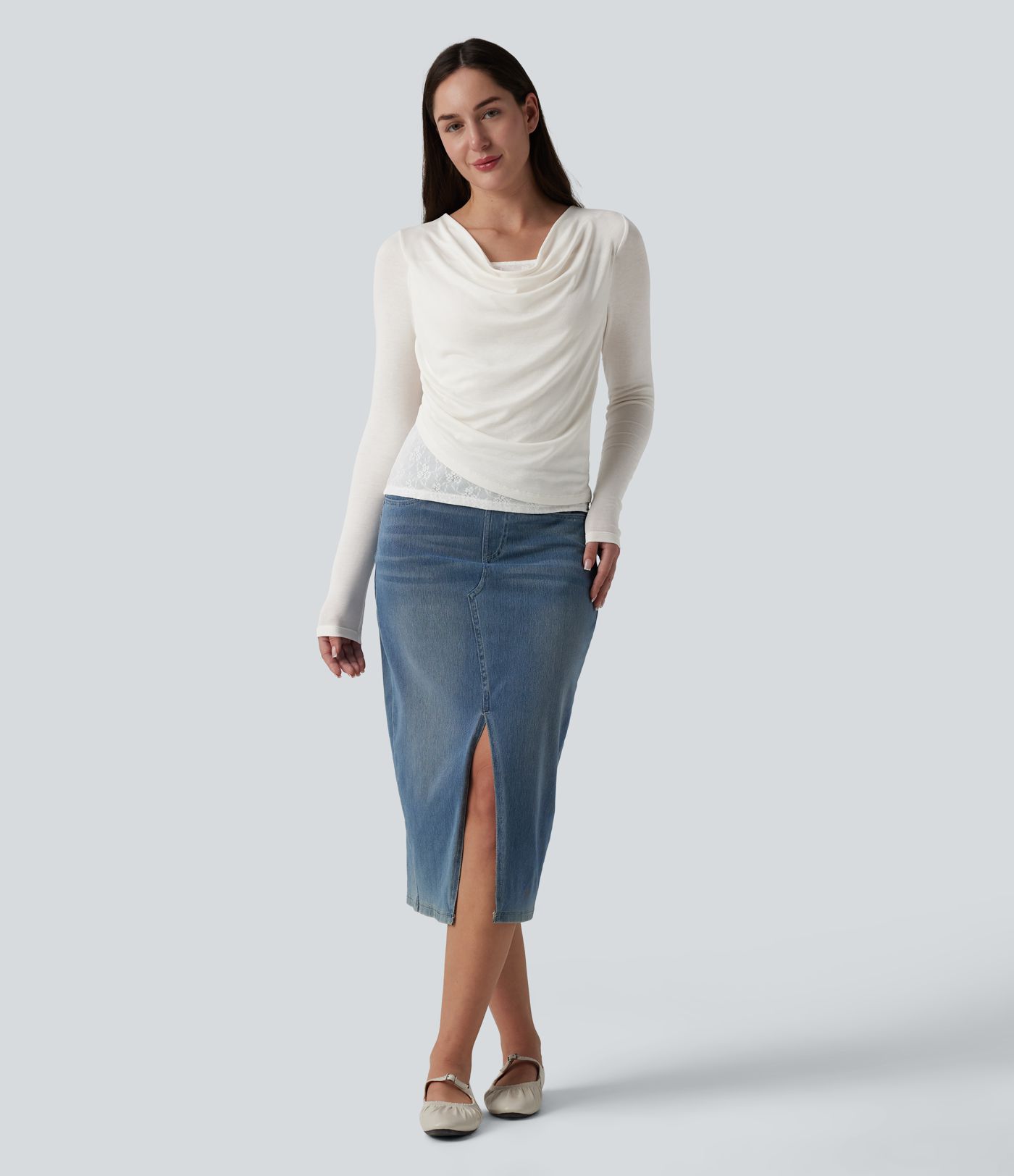 Ribbed Knit Cowl Neck Long Sleeve Contrast Lace Casual Top