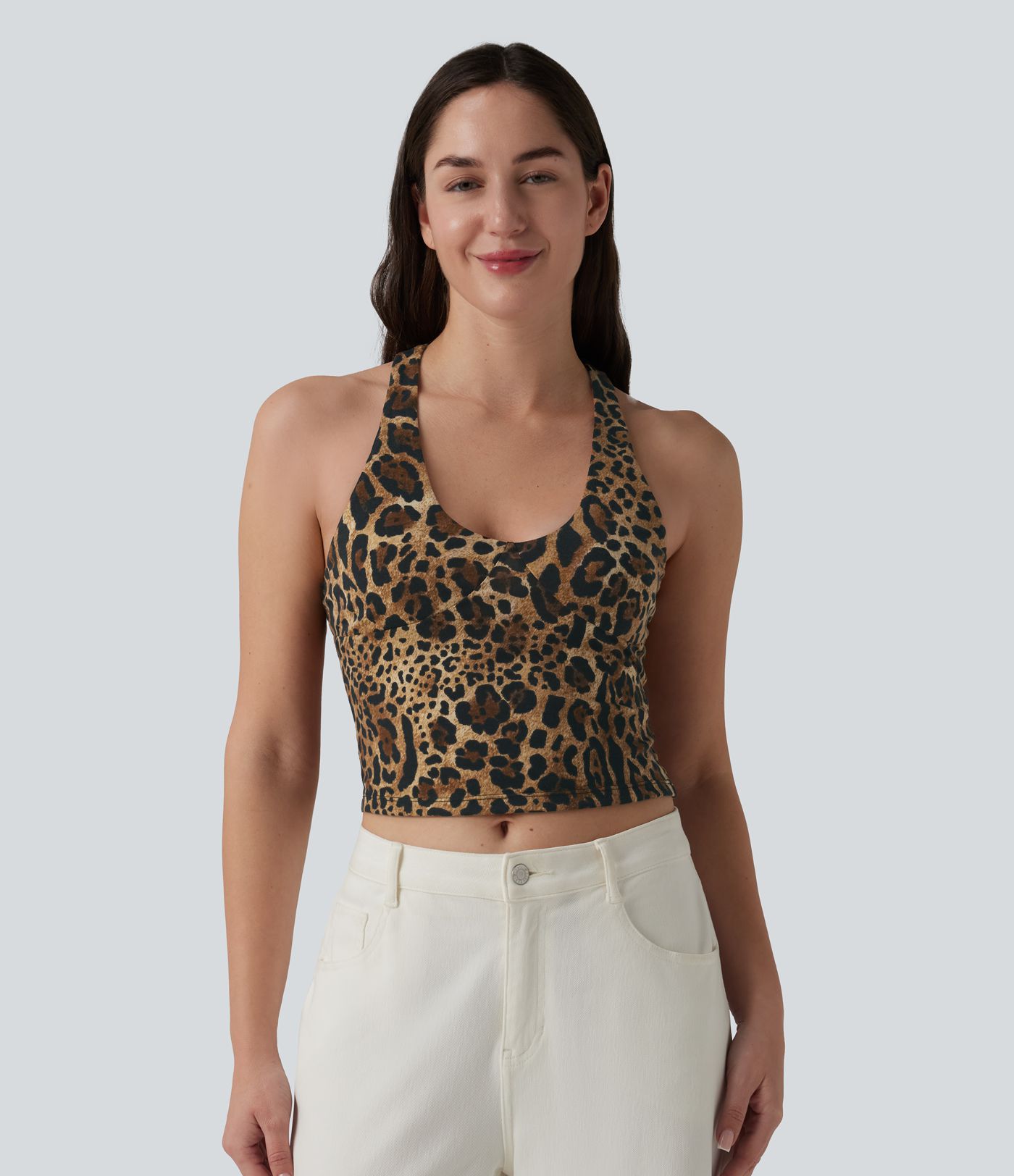 Deep V-neck Racerback Leopard Print Casual Tank Top