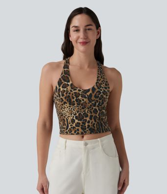Deep V-neck Racerback Leopard Print Casual Tank Top