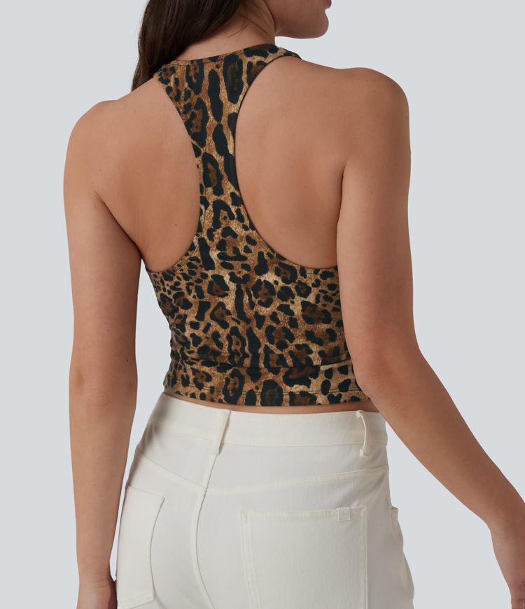 Deep V-neck Racerback Leopard Print Casual Tank Top