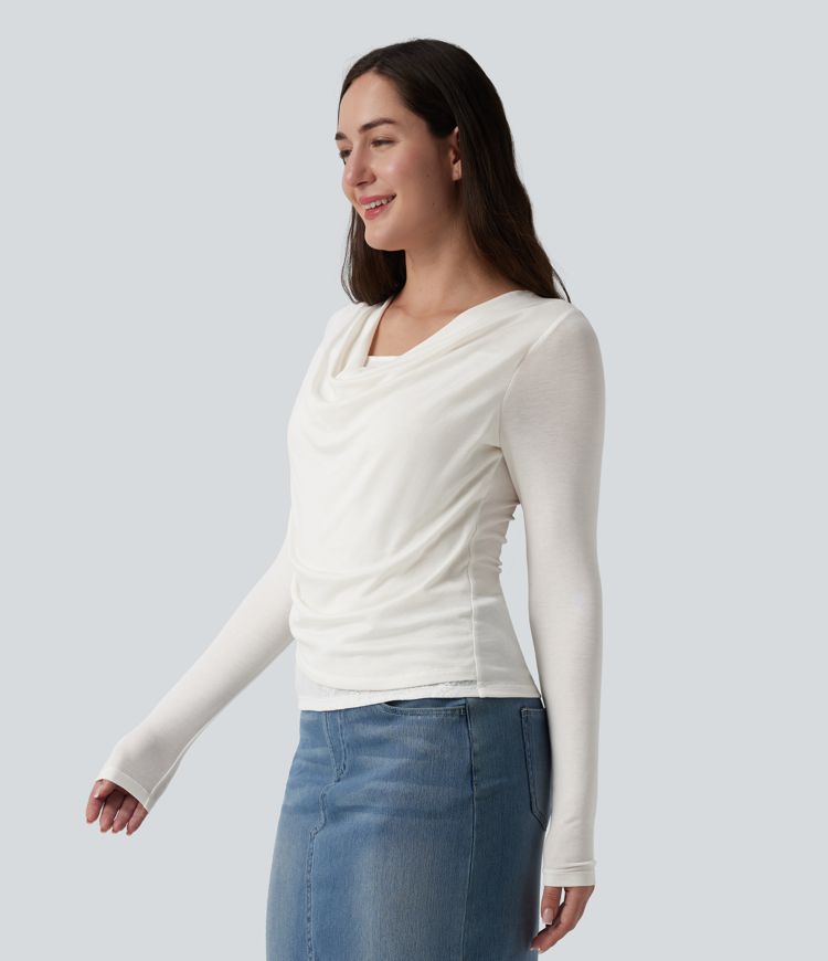 Ribbed Knit Cowl Neck Long Sleeve Contrast Lace Casual Top