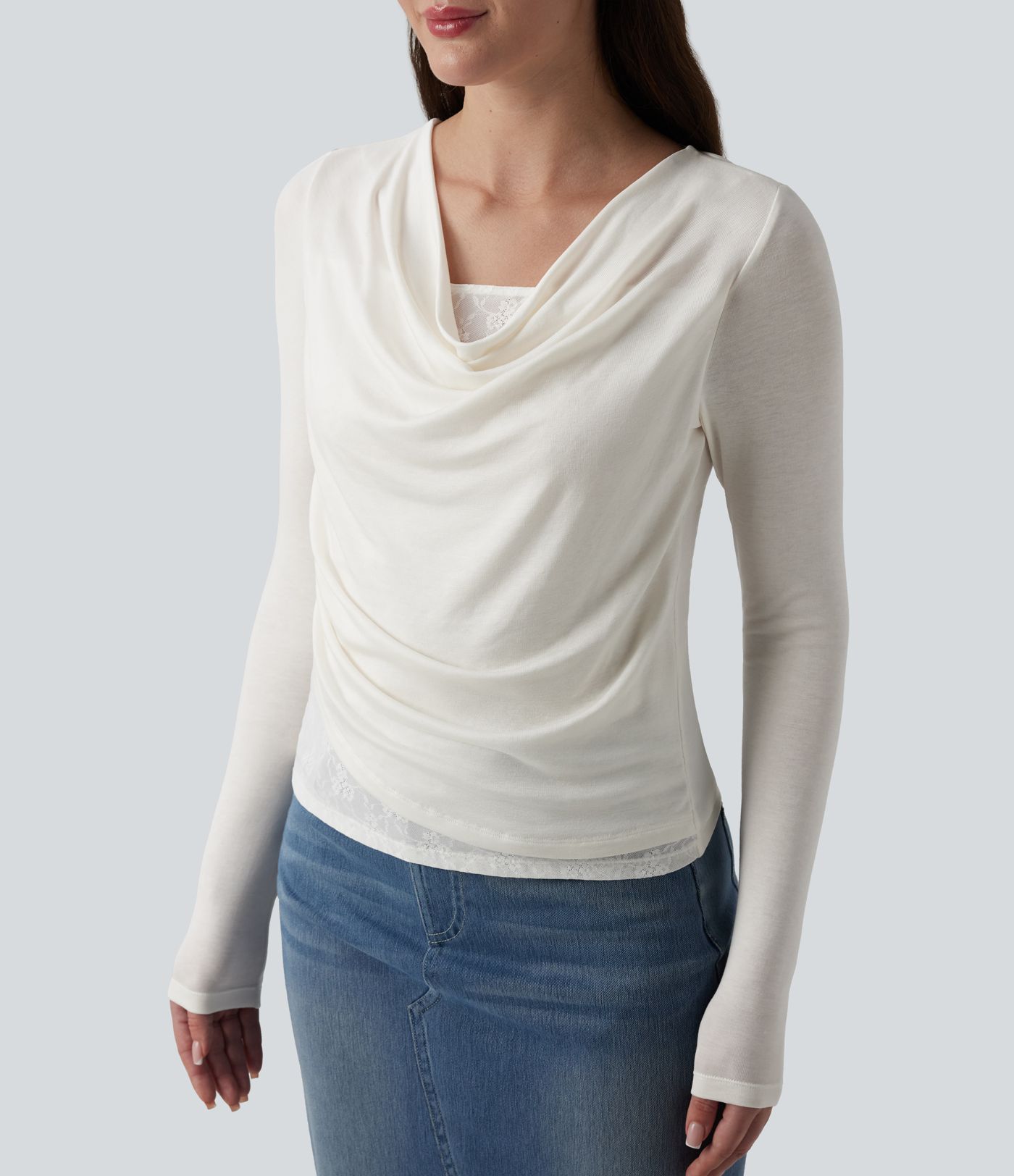 Ribbed Knit Cowl Neck Long Sleeve Contrast Lace Casual Top