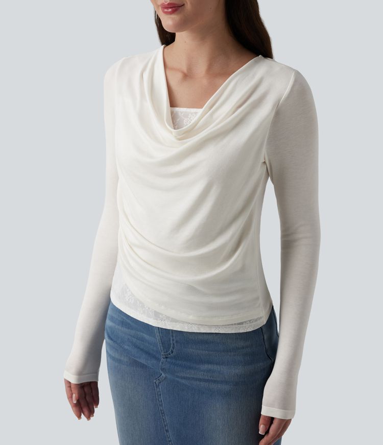 Ribbed Knit Cowl Neck Long Sleeve Contrast Lace Casual Top