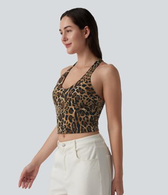Deep V-neck Racerback Leopard Print Casual Tank Top
